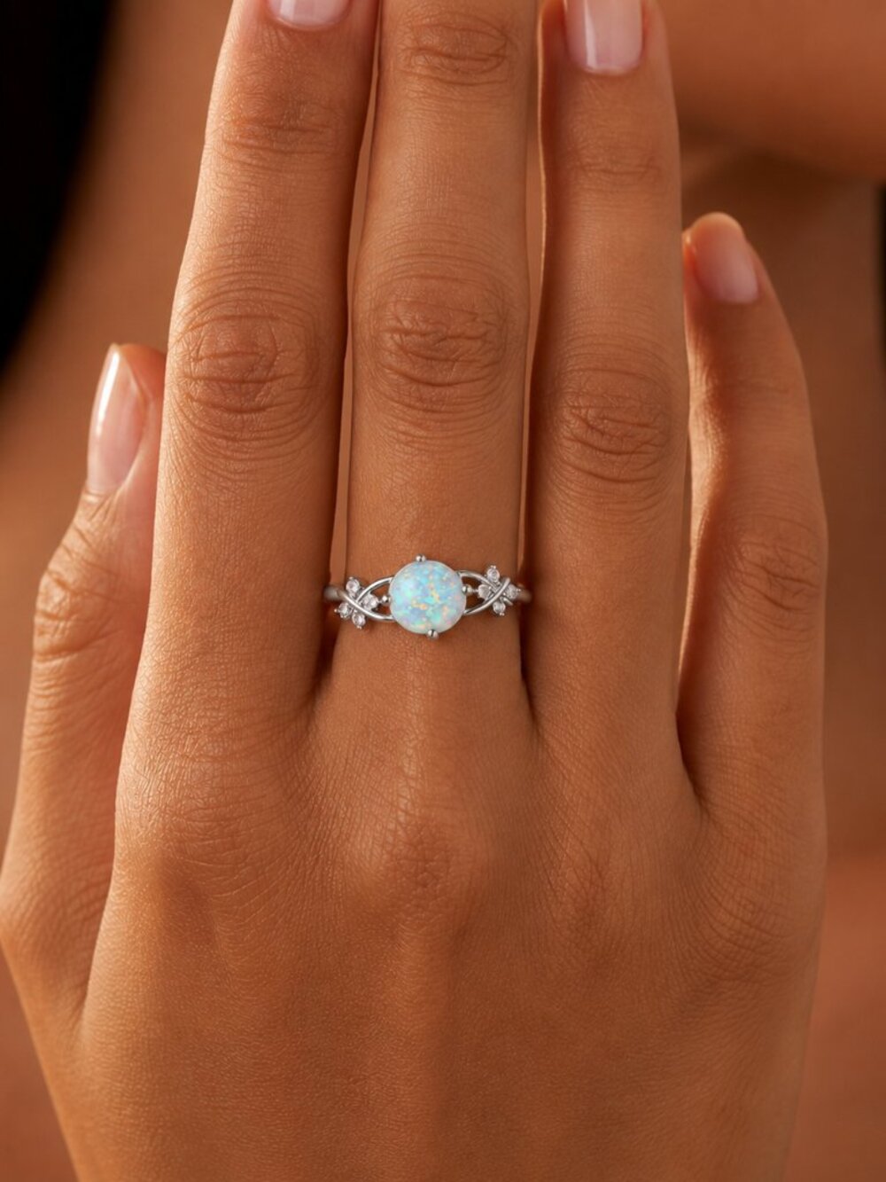 NEW 14k White Gold Round White Opal Diamond Ring Band - Picture 2 of 6
